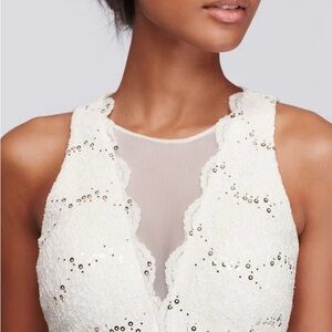 David’s Bridal: Nightway- sequin and lace dress with scalloped lace trim